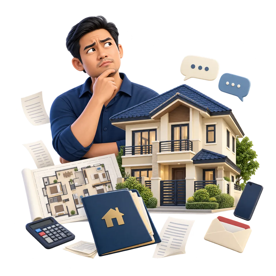 Confused Filipino man beside a large home, surrounded by property papers, messages, receipts, and a calculator