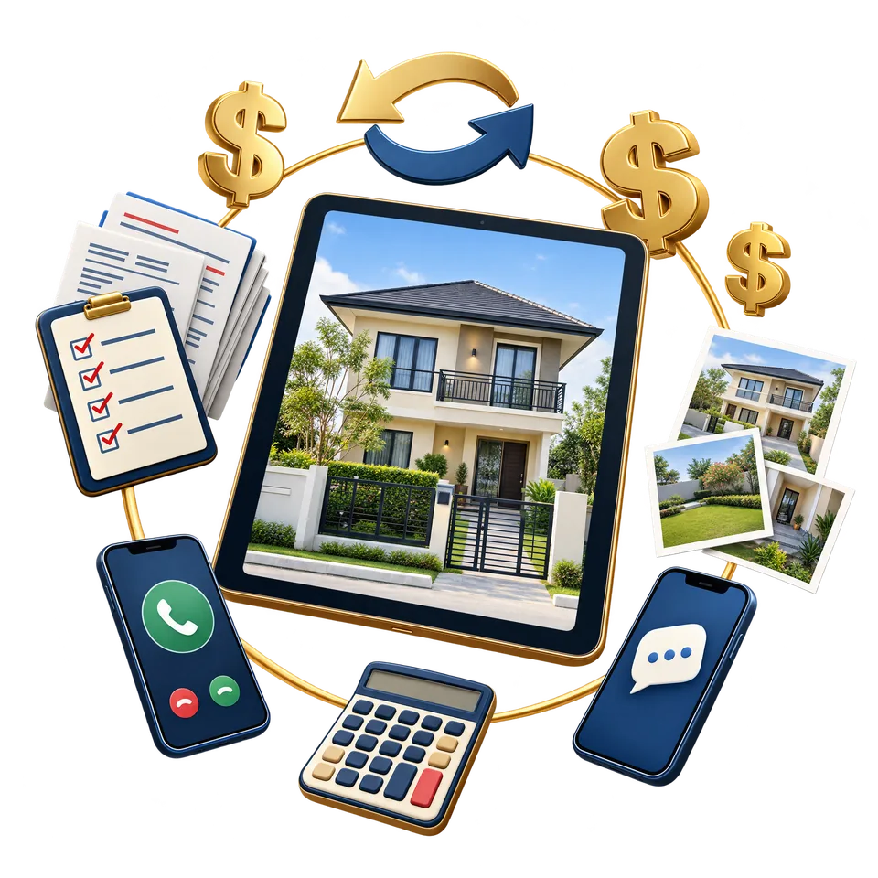 Tablet showing a property photo, surrounded by money signs, payment papers, property photos, phones, and a calculator