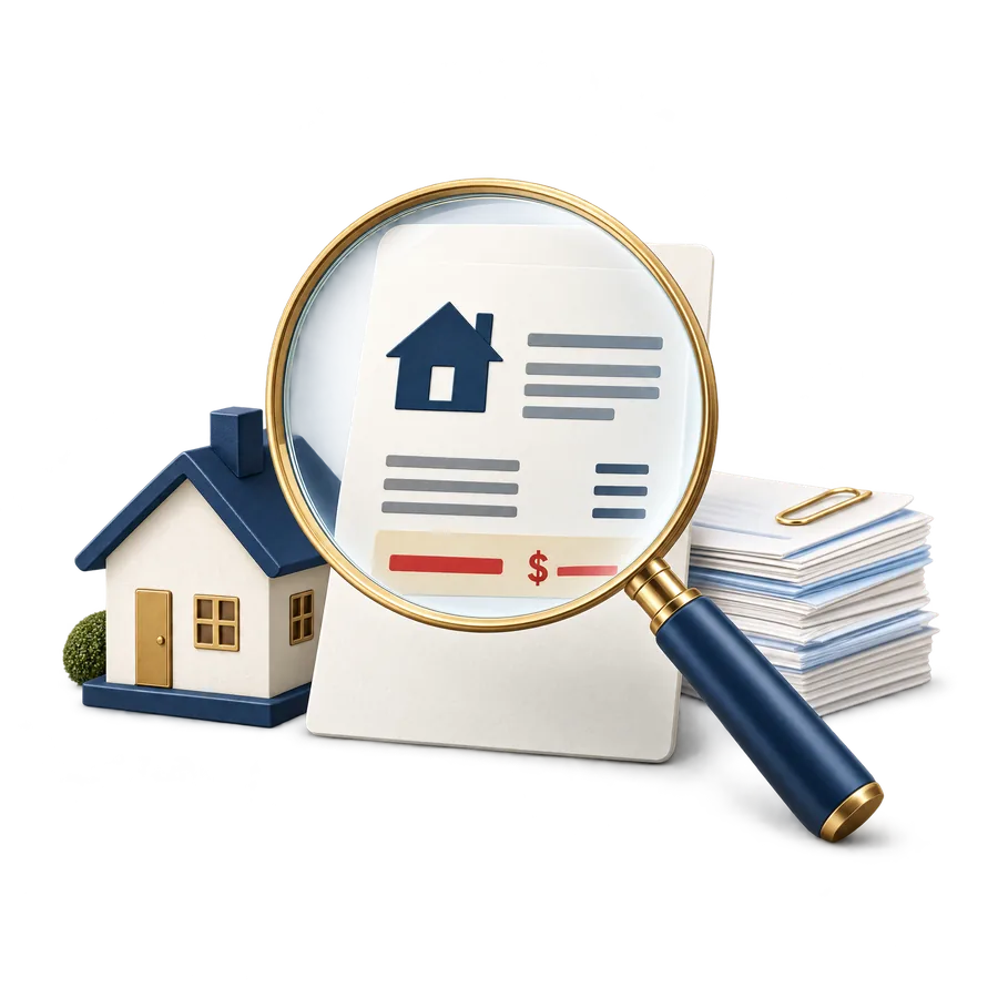 Payment request paper under a magnifying glass beside a house symbol