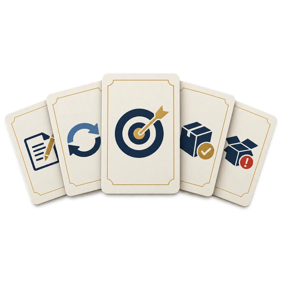 Five organized question cards with simple review symbols