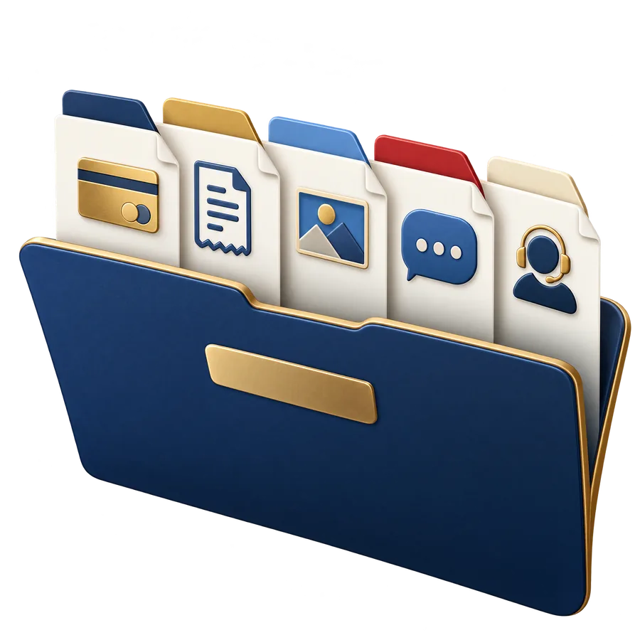 Organized digital property folder with tabs for payments, bills, photos, messages, and expert help