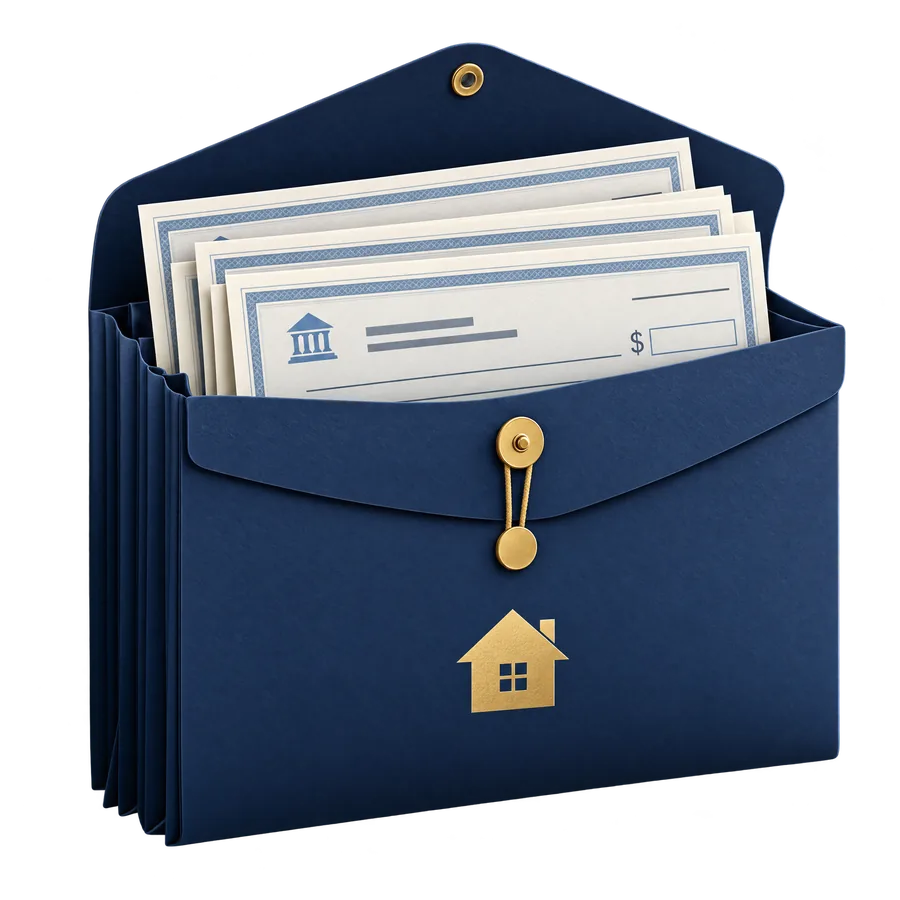 Printed payment check pages inside a navy expanding envelope folder