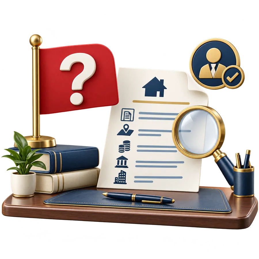 Red question card beside a professional review desk