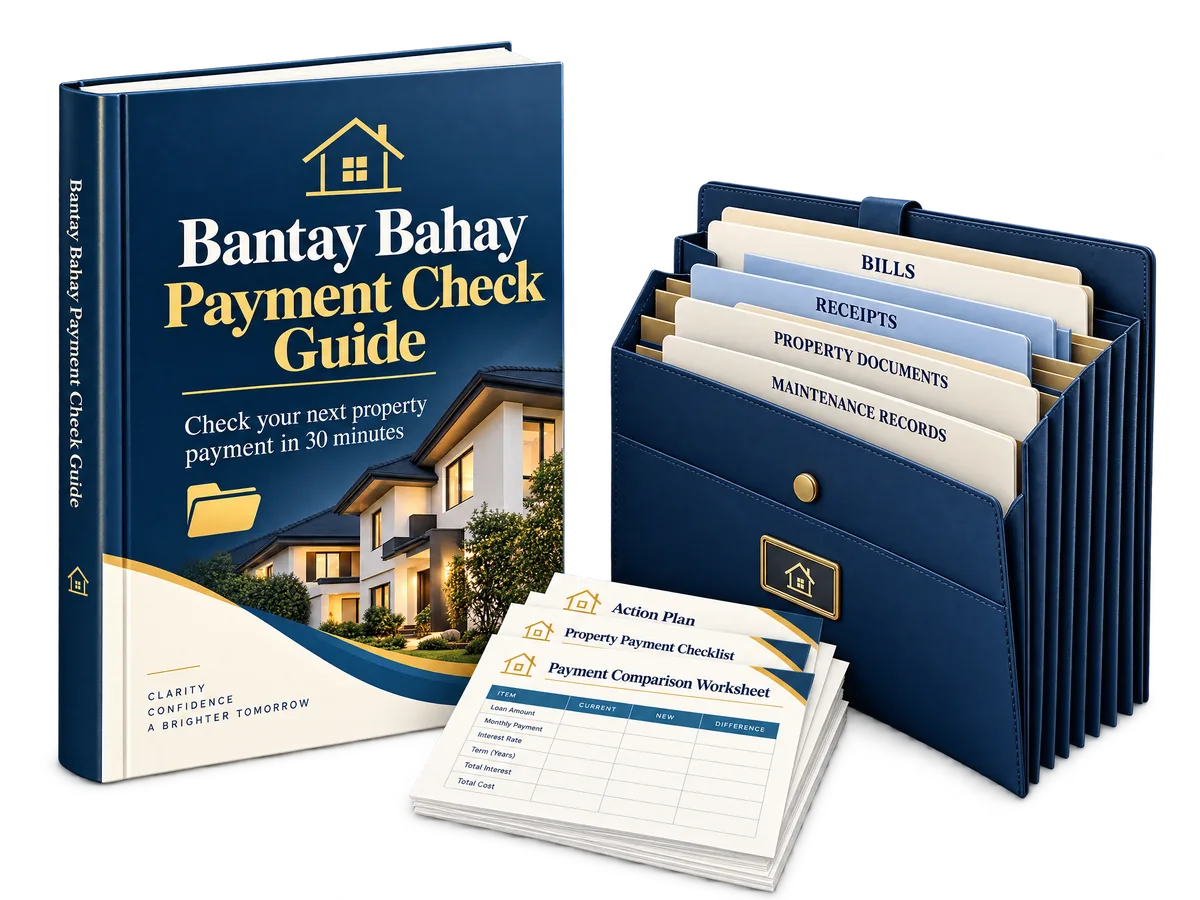 Bantay Bahay Payment Check Guide book beside a physical filing folder with organized papers